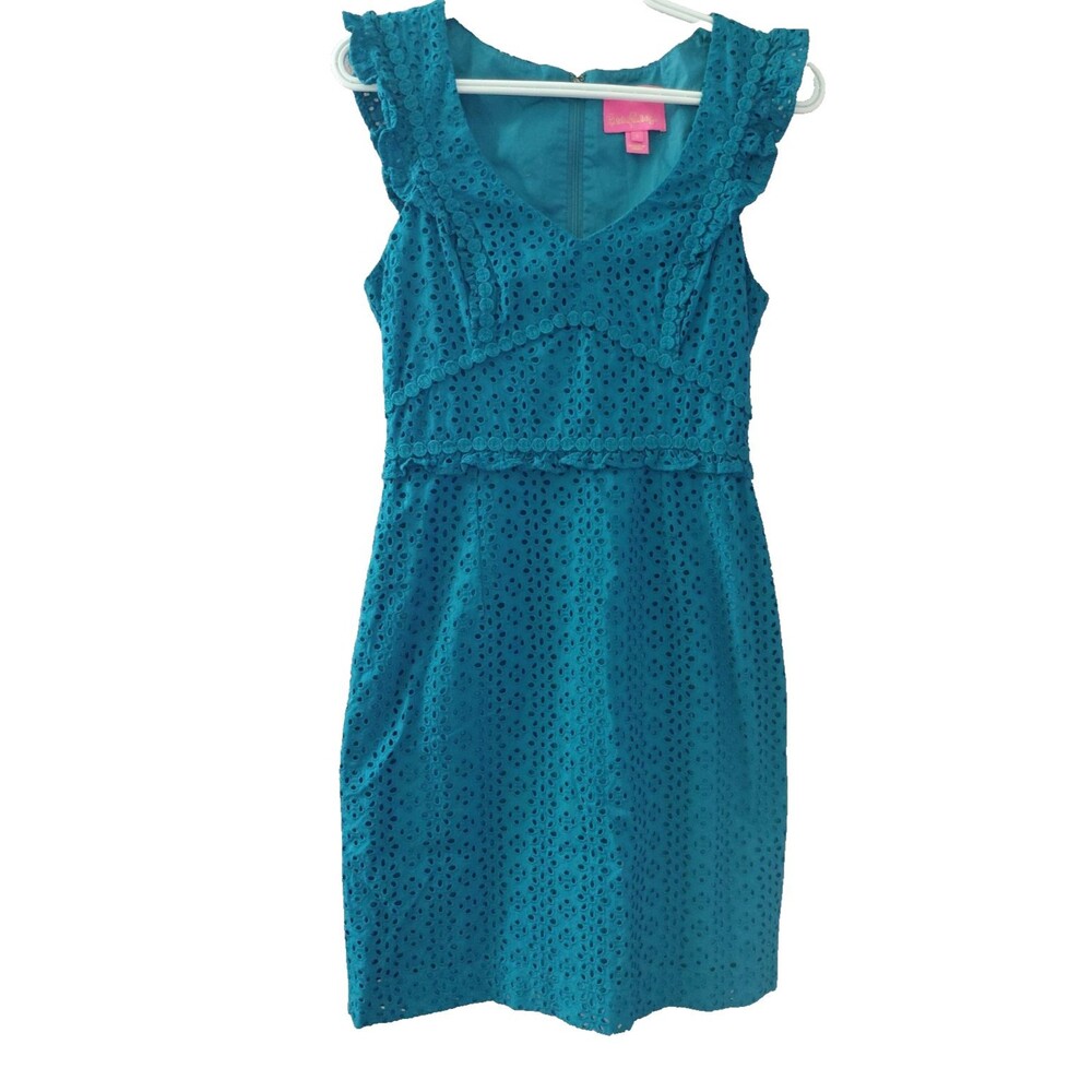 Lilly Pulitzer Kaylee Shift Dress Tanzanian Teal Eyelet Lace Size 0